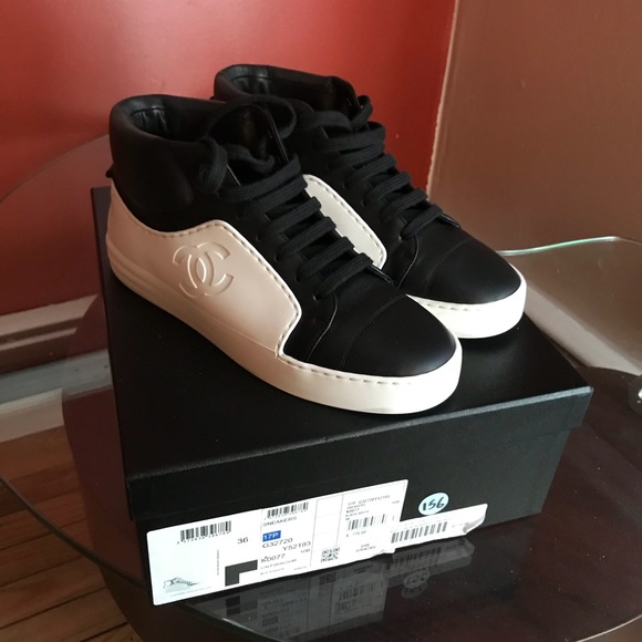 chanel black and white high top sneakers